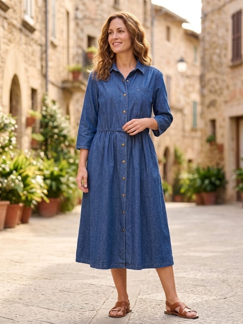 Apostrophe Vintage Denim Womens Dress Sz 16 Midi 3/4 Sleeve Blue Snap Fit Flare